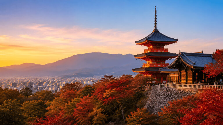 Kyoto temple at sunset with autumn foliage