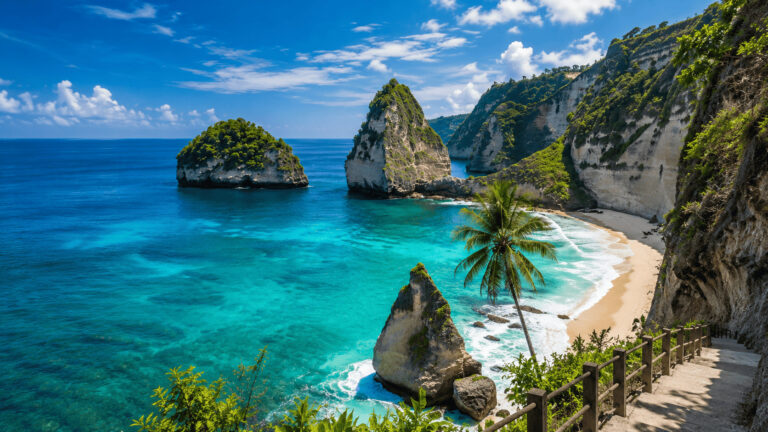 Tropical beach with turquoise water and limestone cliffs